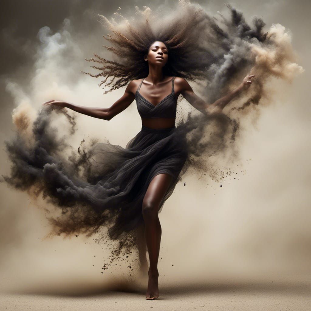 A spectral woman, formed from mist, dances with abandon.