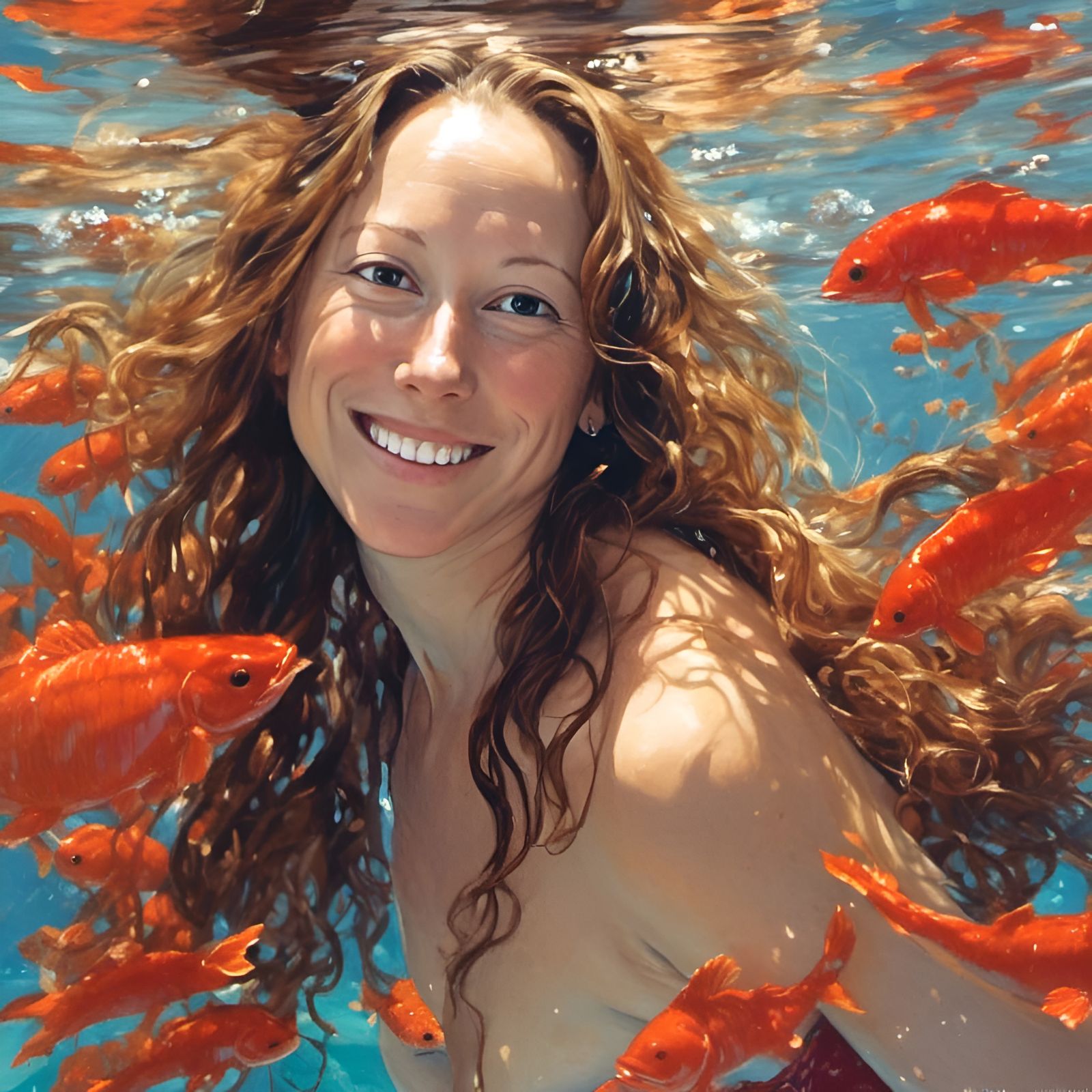 Beautiful Woman Swimming Underwater with Sea Creatures