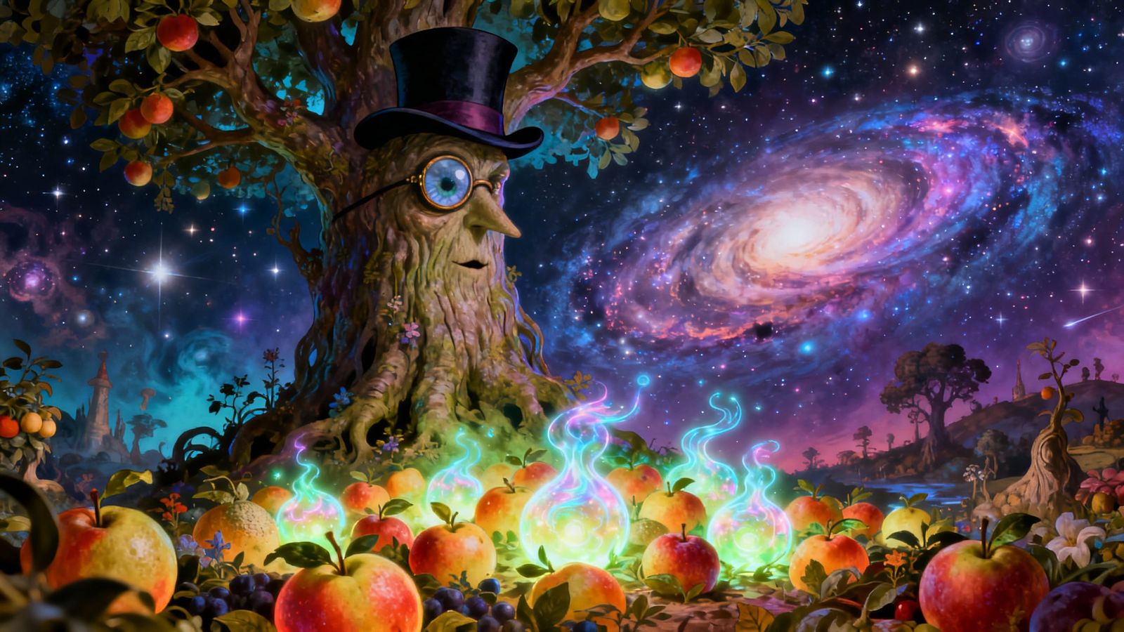 Sentient Cosmic Tree Oversees Ethereal Fruit Harvest