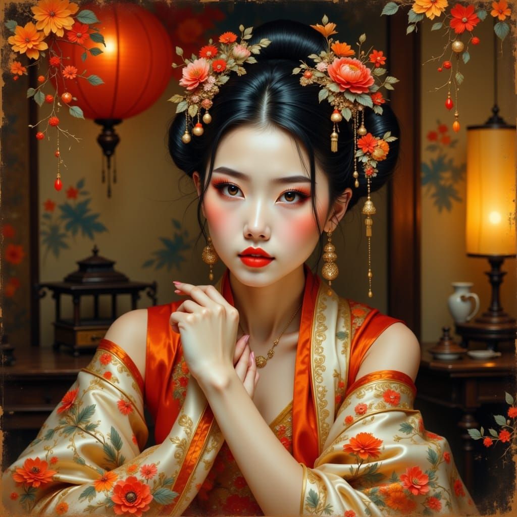 Elegant East Asian Woman in Ceremonial Makeup