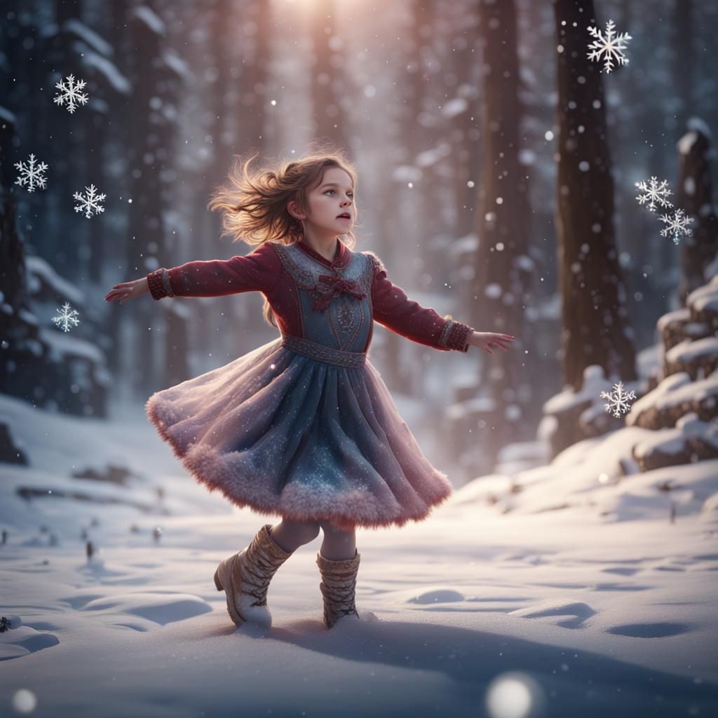 Girl Dances on Snowflake: Detailed Fantasy Art