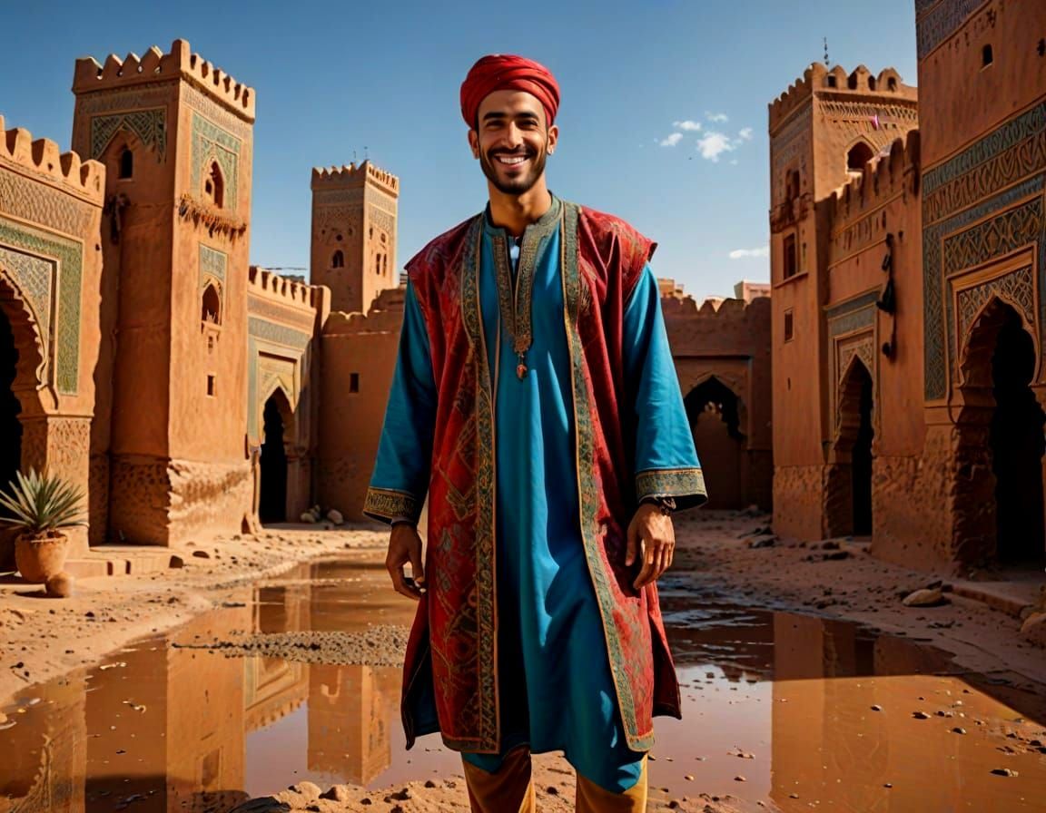 Handsome Moroccan Man Reveals Oasis View in Traditional Atti...