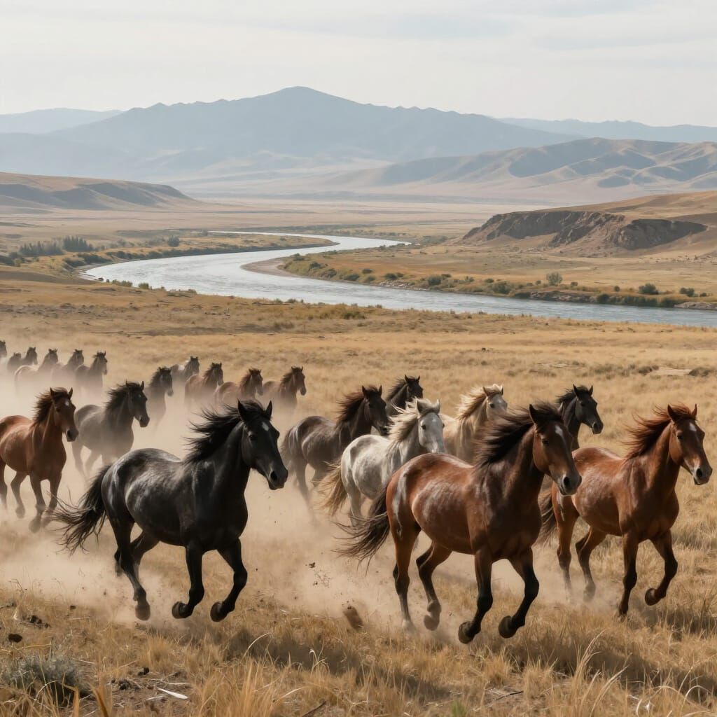 Wild Horses Galloping Across Plateau with Mountain View