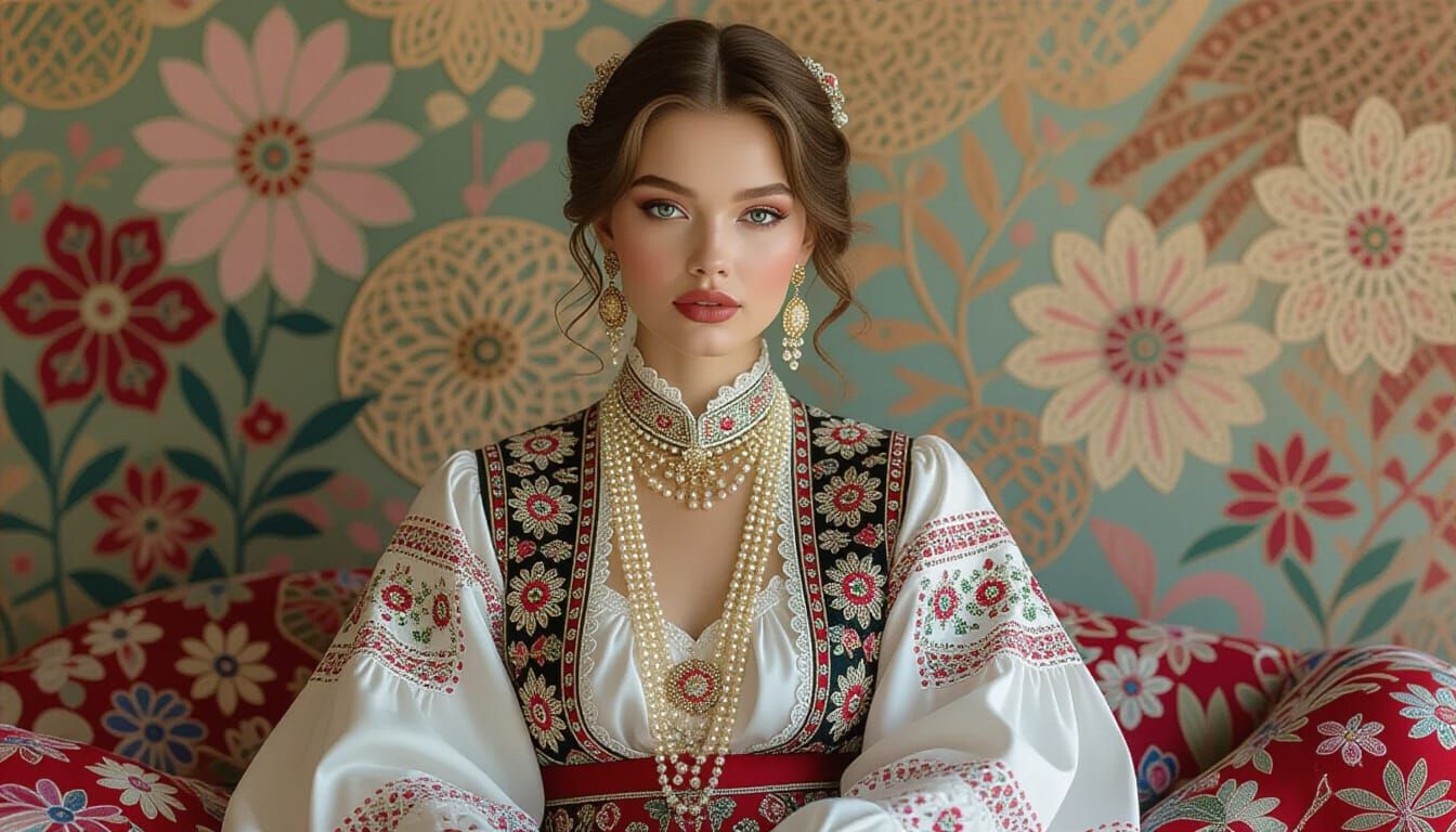 Elegant Russian Woman with Embroidery and Pearls