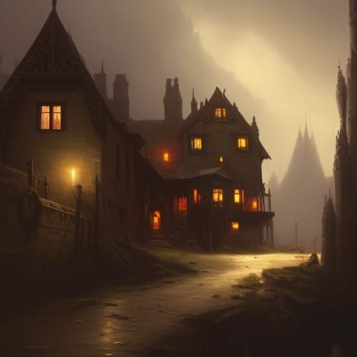 Victorian Dark Fantasy Village Castle on Mountain