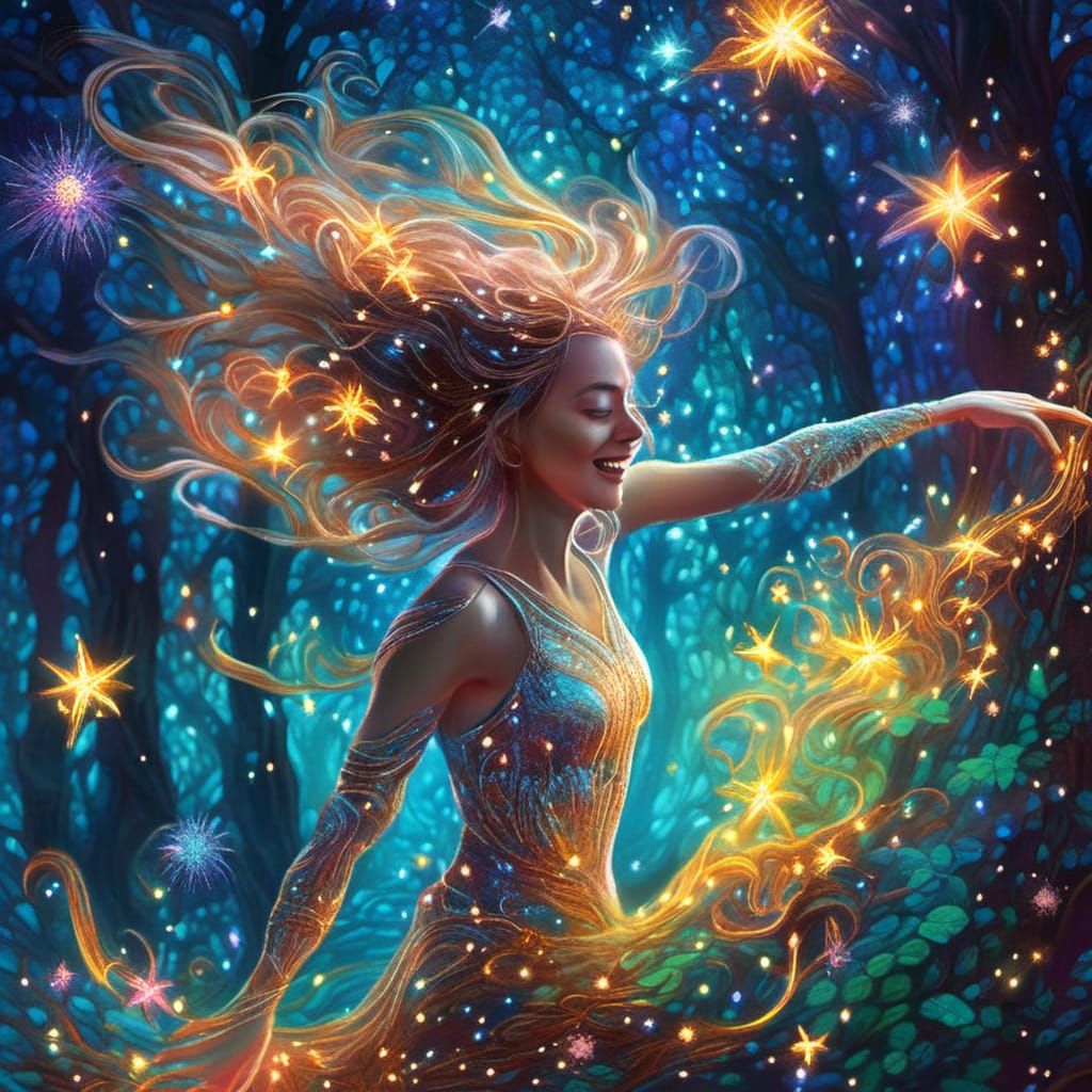 Dancing Woman with Glowing Stars in Astral Forest
