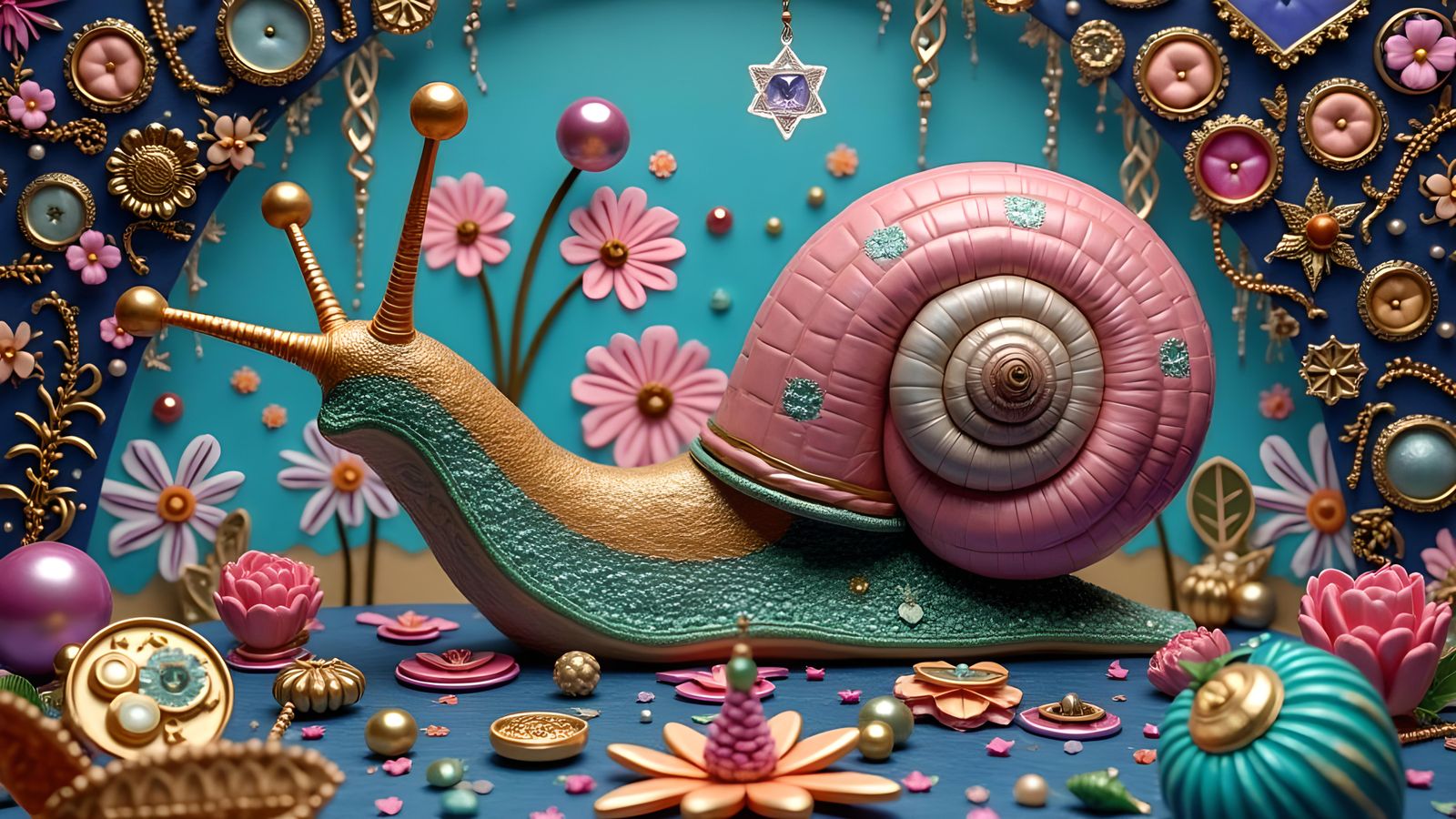 Cosmic Snail with Gold Filigree and Kaleidoscopic Elements
