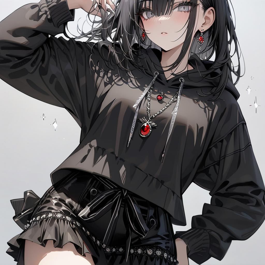 Girl with Black Hair, Hoodie and Cherry Pendant