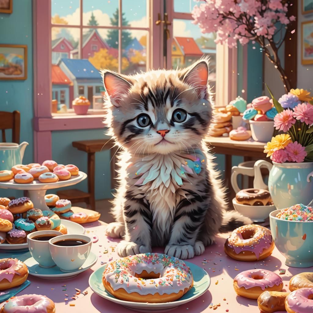 Kitten's Doughnut Feast: Whimsical Digital Art