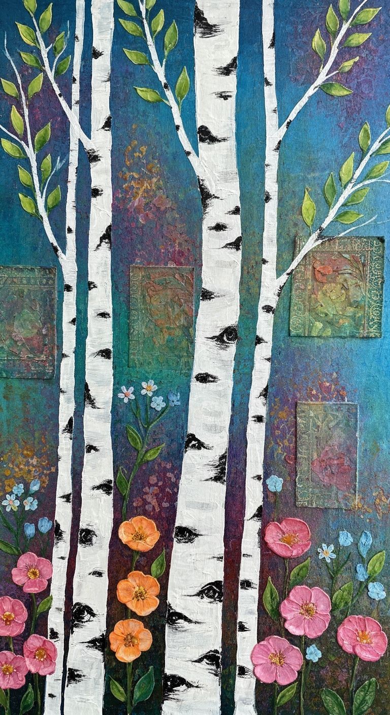 Vibrant Birch Trees and Flowers in Mixed Media