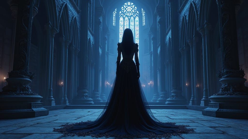 Gothic Cathedral with Vampire Woman, Detailed Matte Painting
