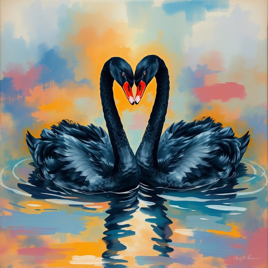 Black Swans in Heart-Shaped Unison, Epic Impressionist Maste...