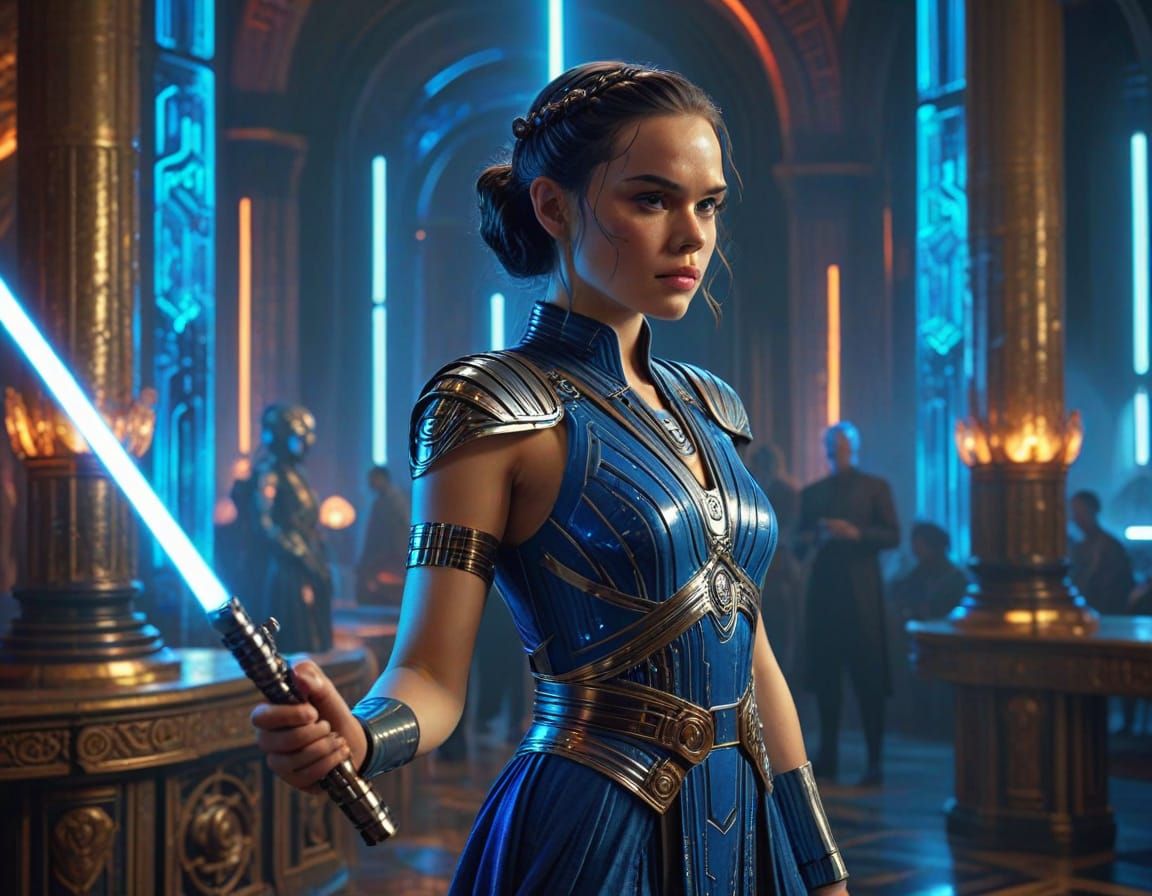 Rey Skywalker in Blue Glass Dress with Glowing Lightsaber