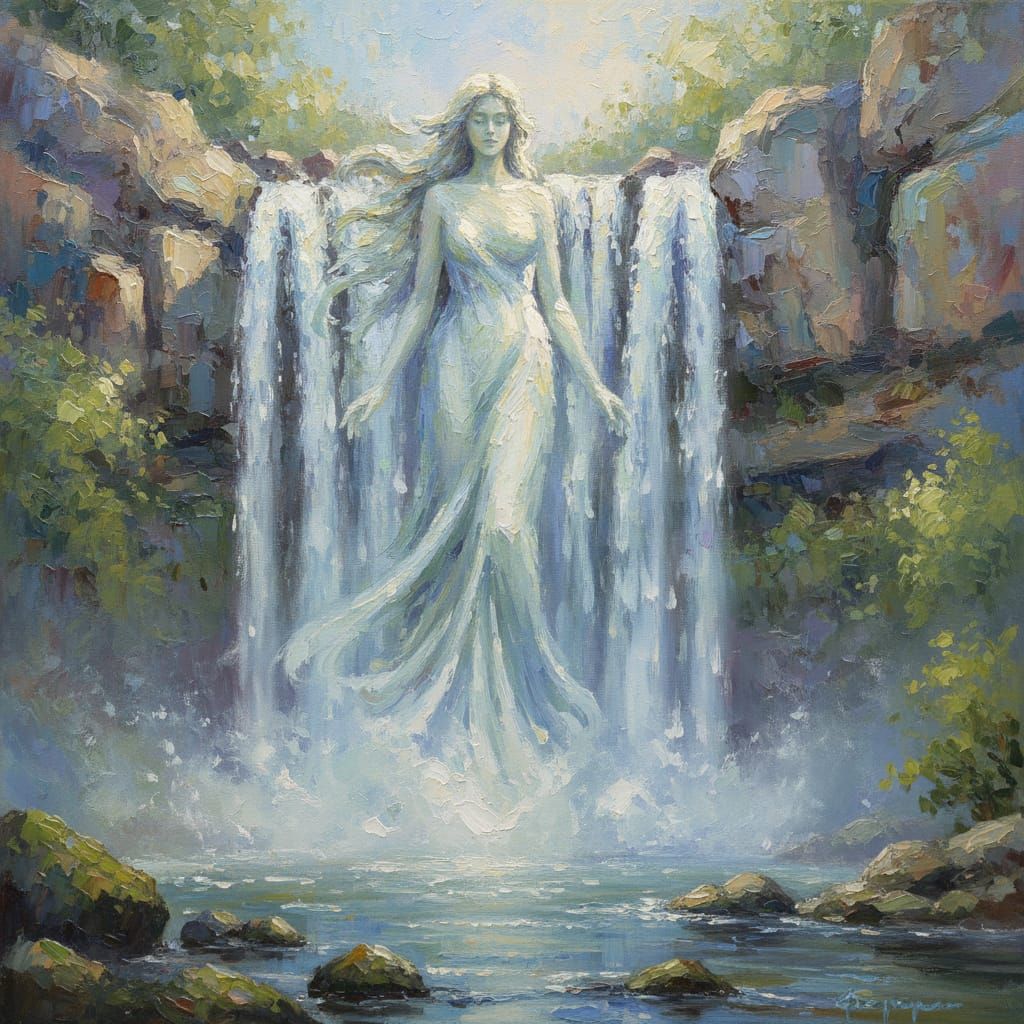 Impressionistic Oil Painting of Waterfall Woman