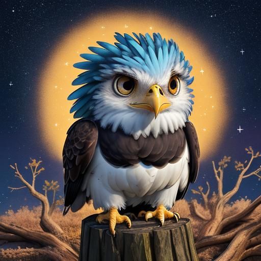 Baby eagle, Small humanoid body , colorful feathers, tired colors, iSparkling sky, colorful and full of bright stars, Bi...