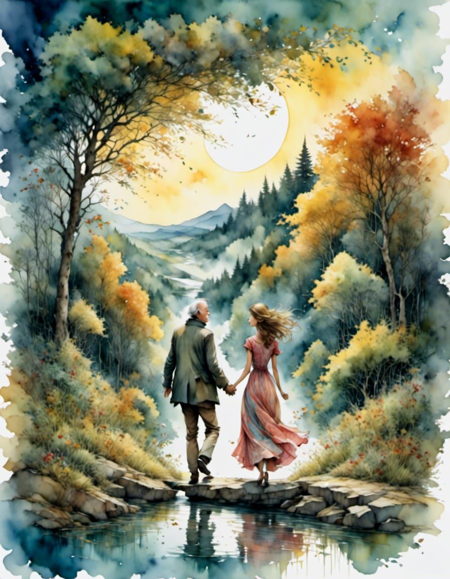 Romantic Oil Painting of Old Man Reaching for Wife