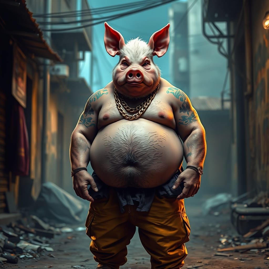 Bulky Pig-Headed Hiphopper in Rundown Slum