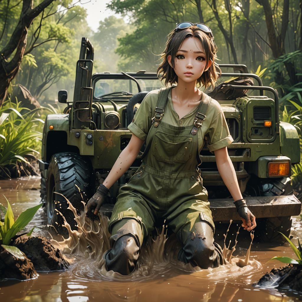 Girl Drives Muddy Truck: 3D Anime Art