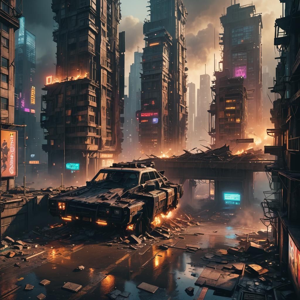 Cyberpunk Cityscape in Ruins with Neon Lights
