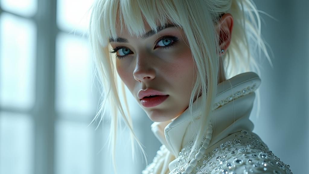 Regal Woman with Platinum Hair in 3D Anime Style