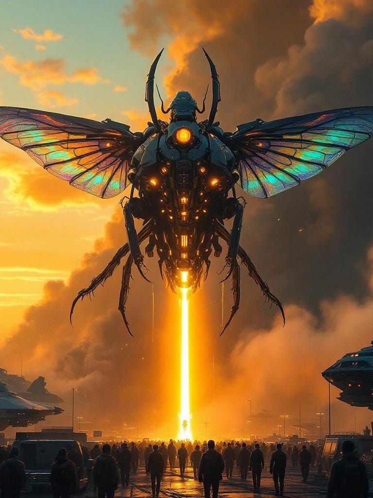 Colossal Insect in Futuristic Spaceport, Retrofuturistic Sty...