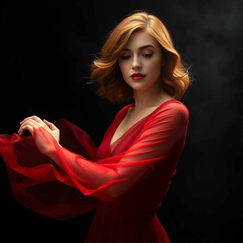 Woman in Deep Red Dress, Floating in a Dark Smoky Background