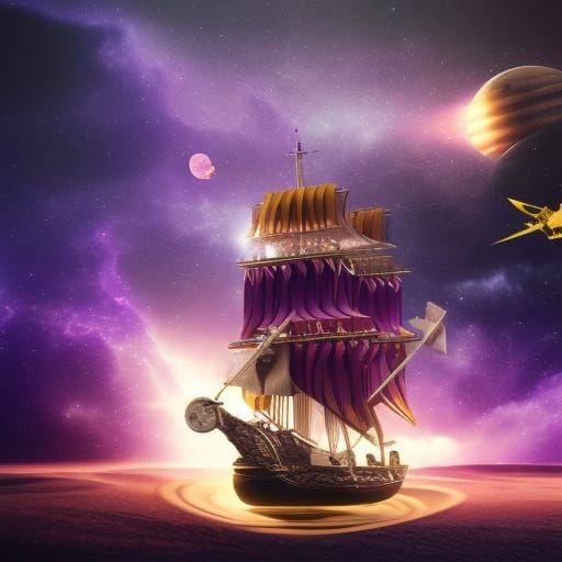 Magic Pirate Ship Soaring Through Space