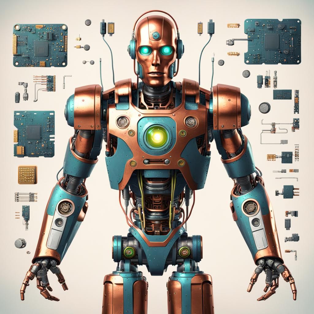 Copper Cyborg Robot with Visible Robotics in Retro-Futuristi...