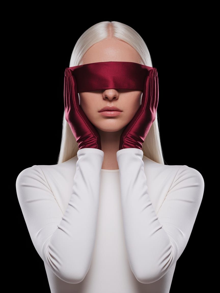 Woman with White Hair and Red Blindfold