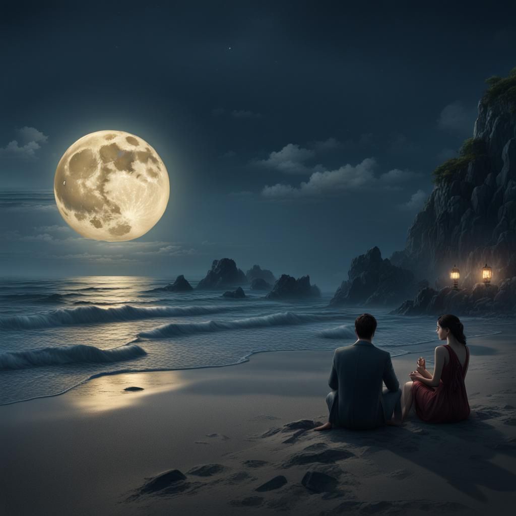 Moonlit Night Sea View from Beach in Detailed Digital Painti...