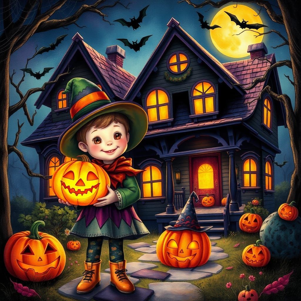 Whimsical Halloween Scene in Children's Book Style