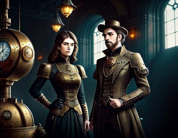 Steampunk Twins in Time Machine: Cinematic Sci-Fi Art