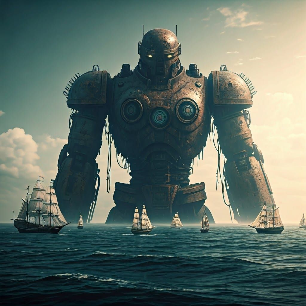Colossal Robot Relic in Ocean, 8K Render