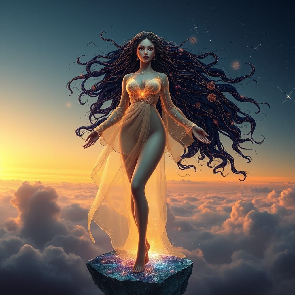 Ethereal Goddess of Cosmic Light in Futuristic Robes
