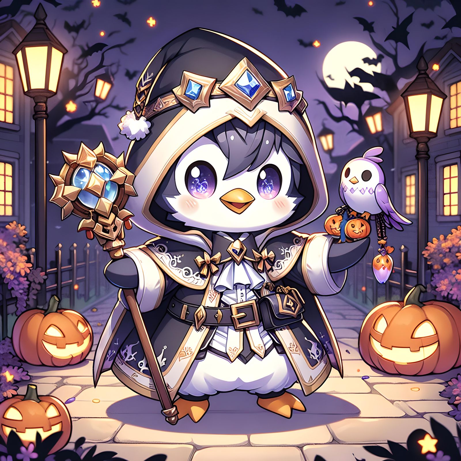 Chibi Penguin Cleric Ready for Halloween, Anime Style