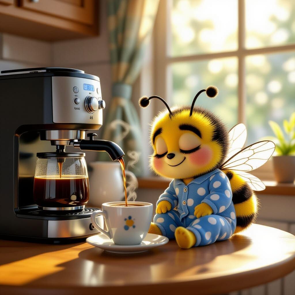 Sleepy Bumblebee in Kitchen: Pixar Style