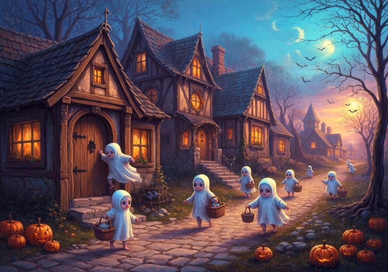 Adorable Ghosts Trick-or-Treating in Dramatic Halloween Oil ...
