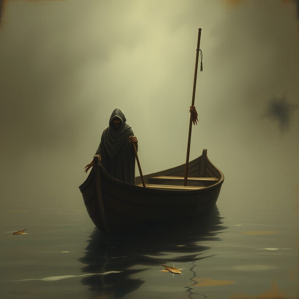 Ferryman on the River Styx in a Dreamlike Atmosphere