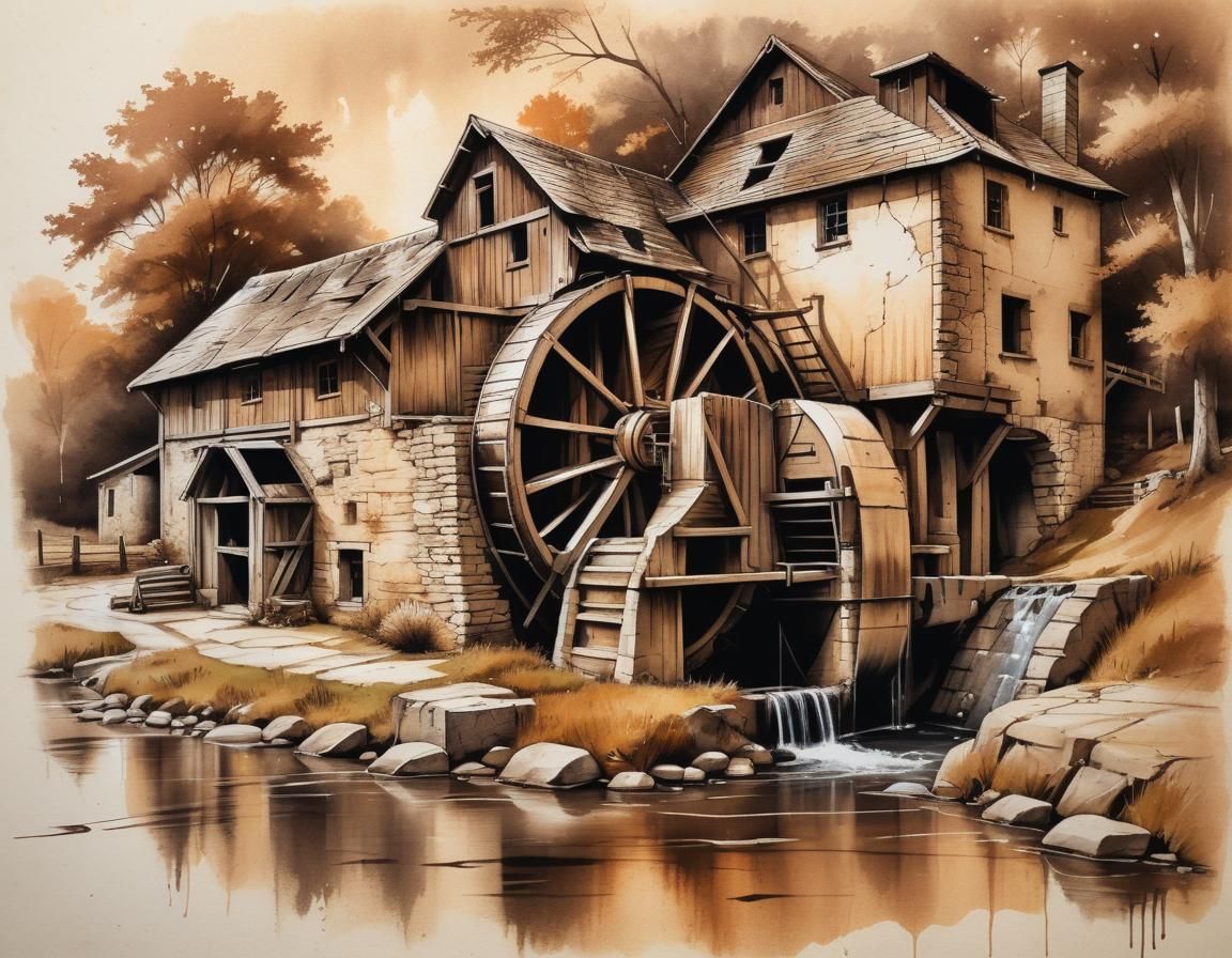 Rustic Water Mill: Technical Drawing on Vintage Paper