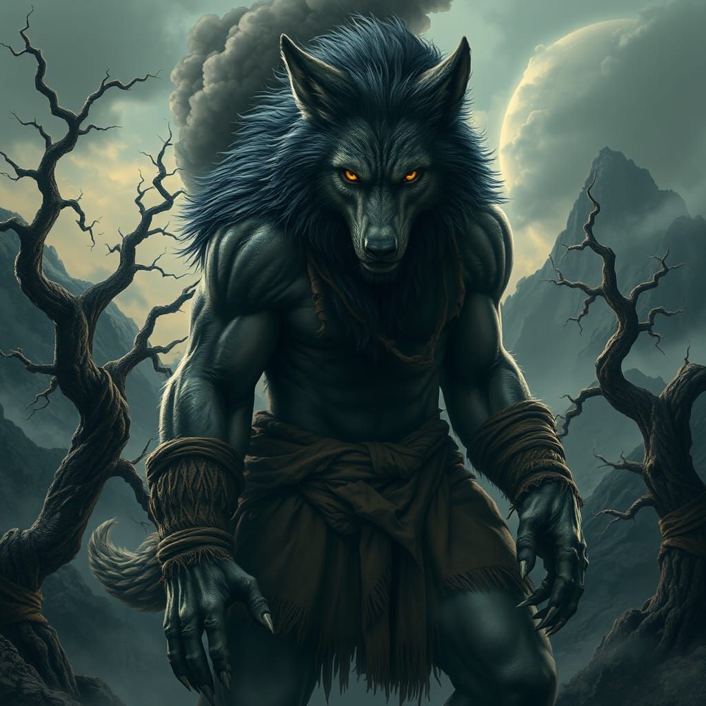 Majestic Werewolf Shaman in Dark Fantasy Landscape
