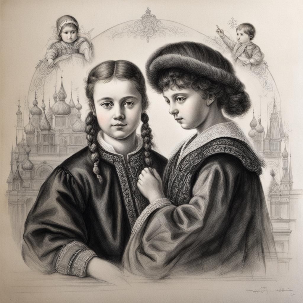 Eudoxia Lopukhina and Peter the Great: Charcoal Drawing