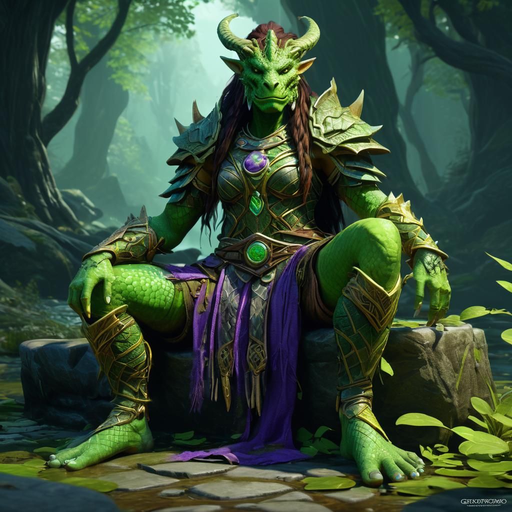 Green Dragonborn Druid in Dark Fantasy Art
