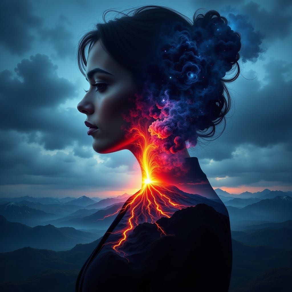 Volcanic Woman: Double Exposure Digital Art