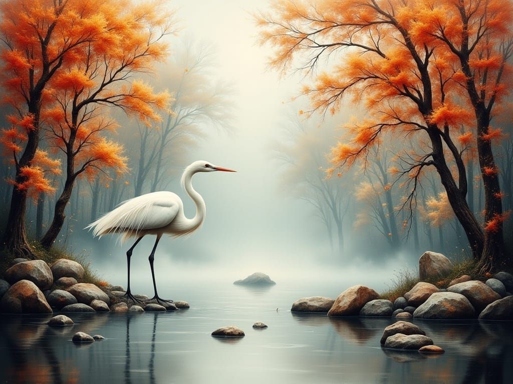 Autumnal Heron in Fog, Impressionistic Style