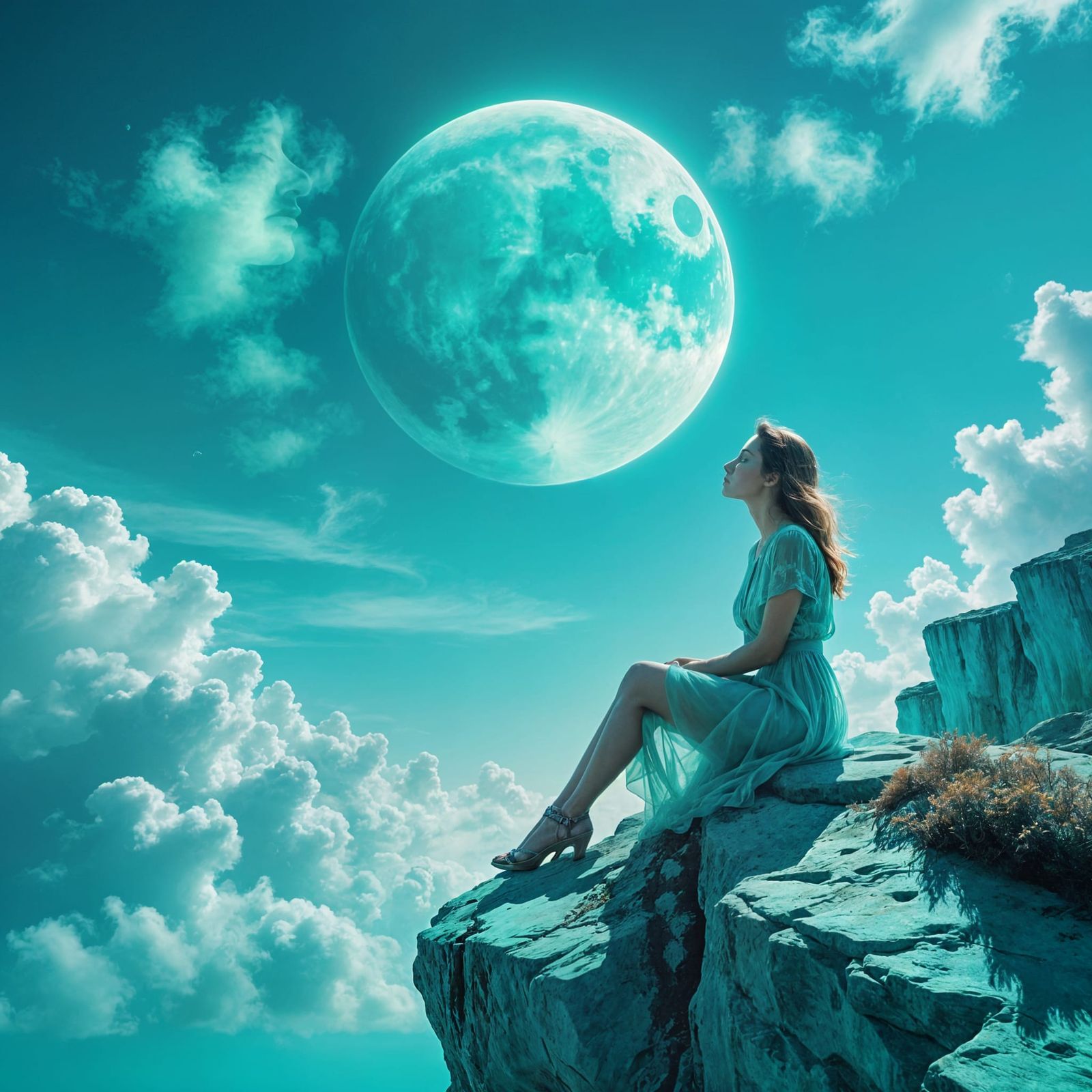 Turquoise Double Exposure: Woman and Moon