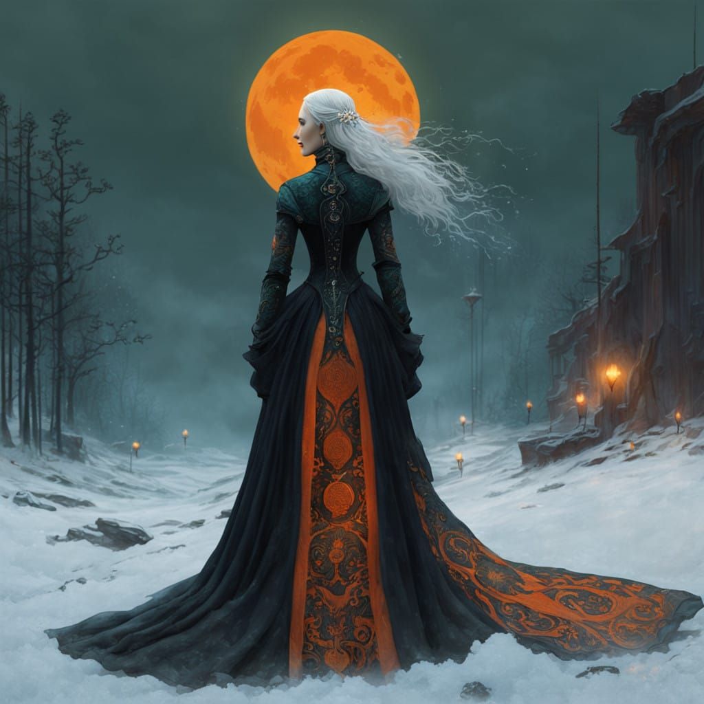 Ethereal Art Nouveau Maiden in Frosty Landscape