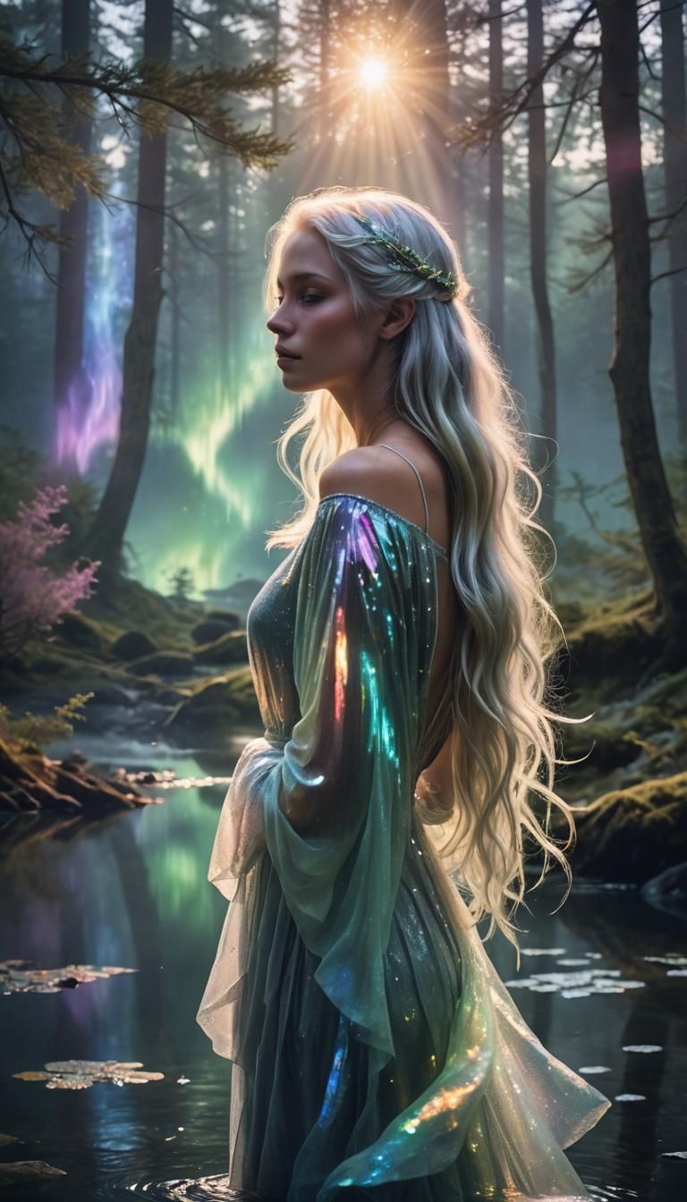 Mythical Woman with Iridescent Hair in Double Exposure