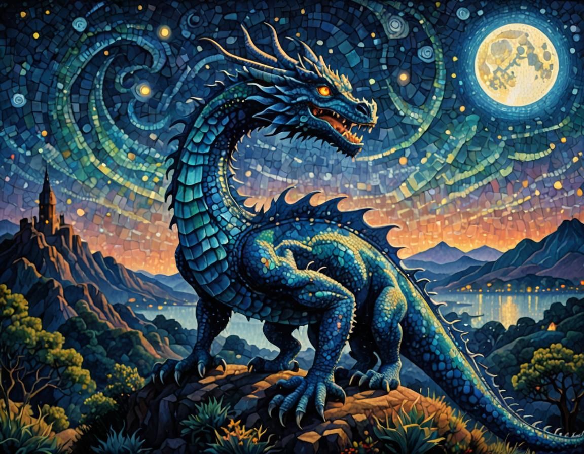 Blue Dragon Under Phosphorescent Moon in Pointillism