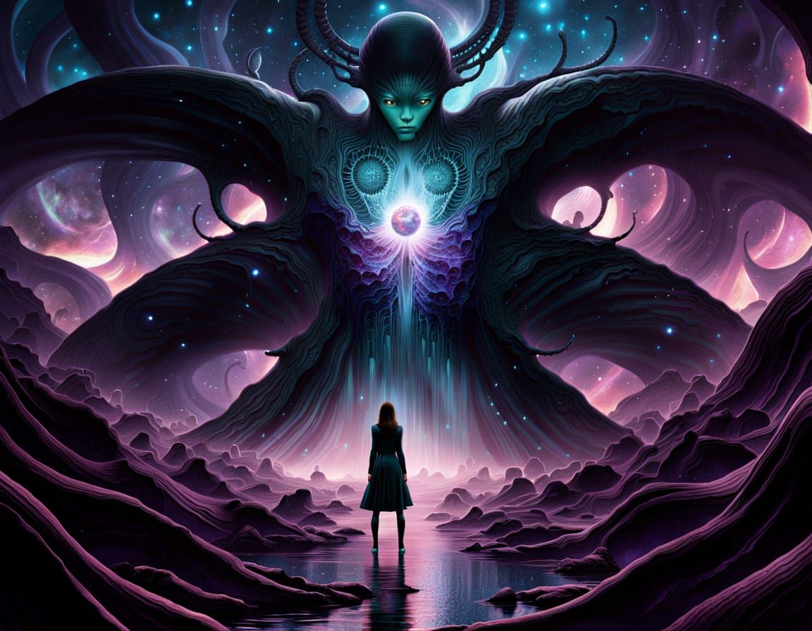 Solitary Woman on Alien Shore Gazing at Cosmic Sky