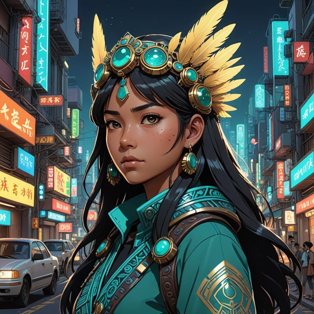 Ethereal Goddess in Cyberpunk Aztec Headdress